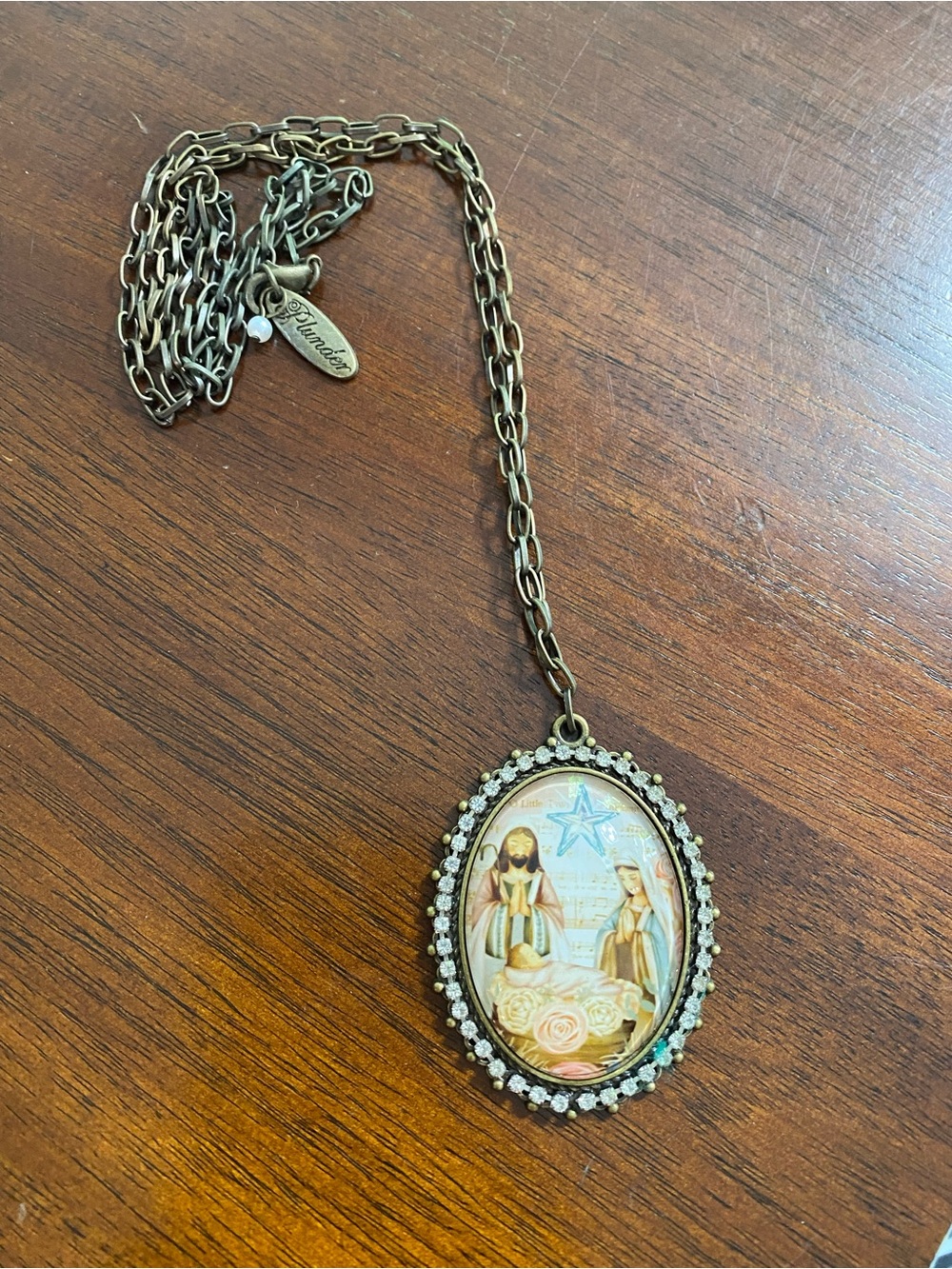 Plunder Antique Gold-Tone Oval Nativity Pendant Necklace with Crystal Halo
